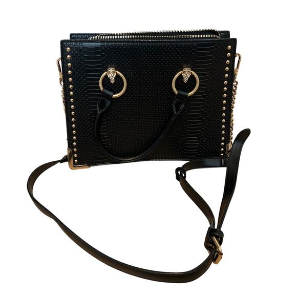 ALDO Nydiviel Zip Closure Tote Faux Black Snakeskin Snakehead Gold Accent - Picture 2 of 9